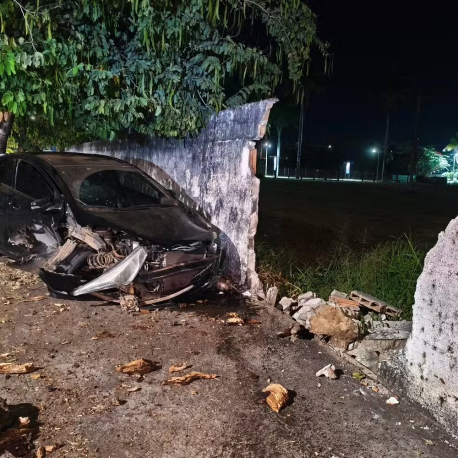 Carro bate em árvore e derruba parte do muro de hotel em Pirapora